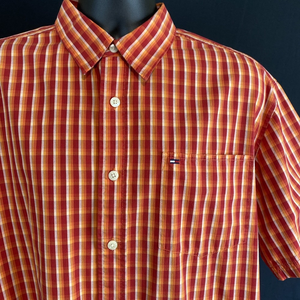 VTG 90s Y2K Tommy Hilfiger/Hilfiger Denim Orange Plaid Check SS Mens Button Down